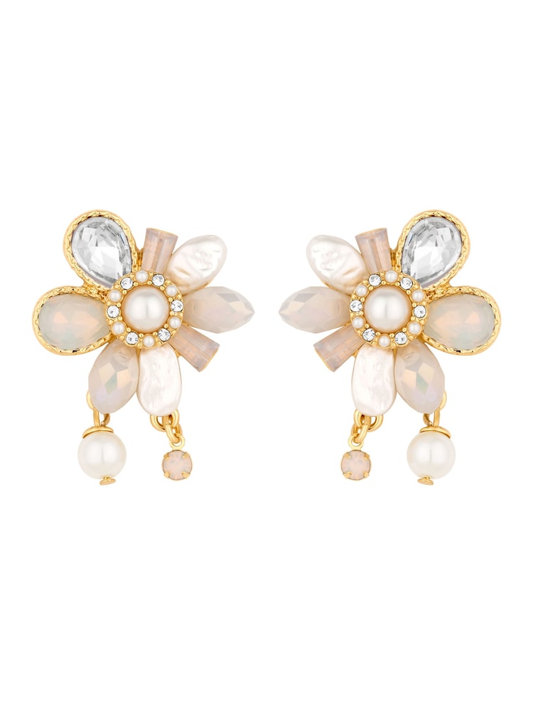 Mood Gold Tone Pearl And Crystal Flower Charm Stud Earrings - Image 1 of 3