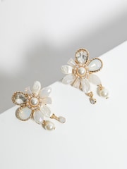 Mood Gold Tone Pearl And Crystal Flower Charm Stud Earrings - Image 2 of 3