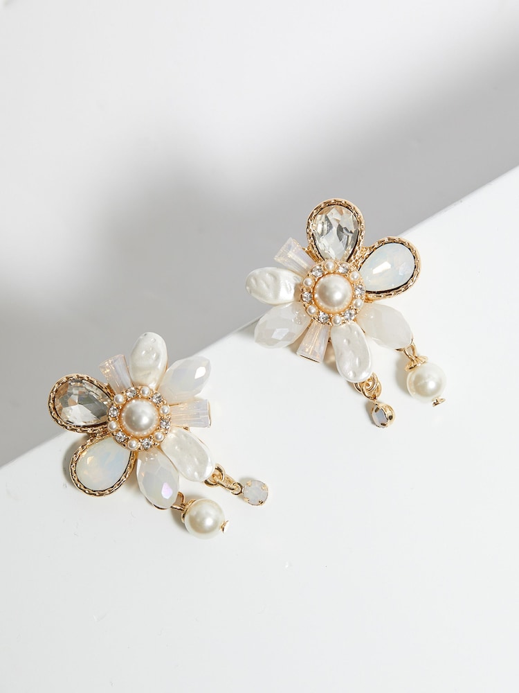 Mood Gold Tone Pearl And Crystal Flower Charm Stud Earrings - Image 2 of 3