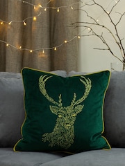 furn. Emerald Green/Gold Forest Fauna Embroidered Polyester Filled Cushion - Image 1 of 5