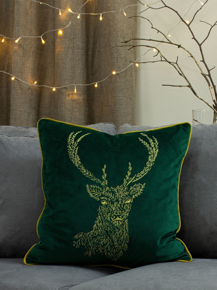 furn. Emerald Green/Gold Forest Fauna Embroidered Polyester Filled Cushion - Image 1 of 5