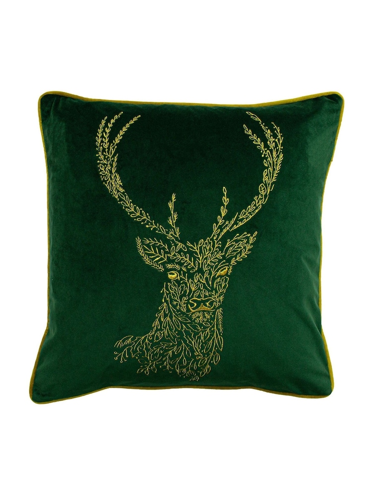furn. Emerald Green/Gold Forest Fauna Embroidered Polyester Filled Cushion - Image 2 of 5