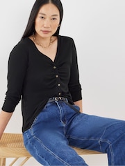 JD Williams Black Long Sleeve Ribbed Ruched Front Cardigan - Image 2 of 4