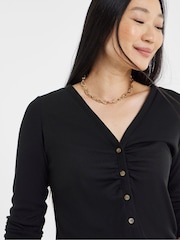 JD Williams Black Long Sleeve Ribbed Ruched Front Cardigan - Image 3 of 4
