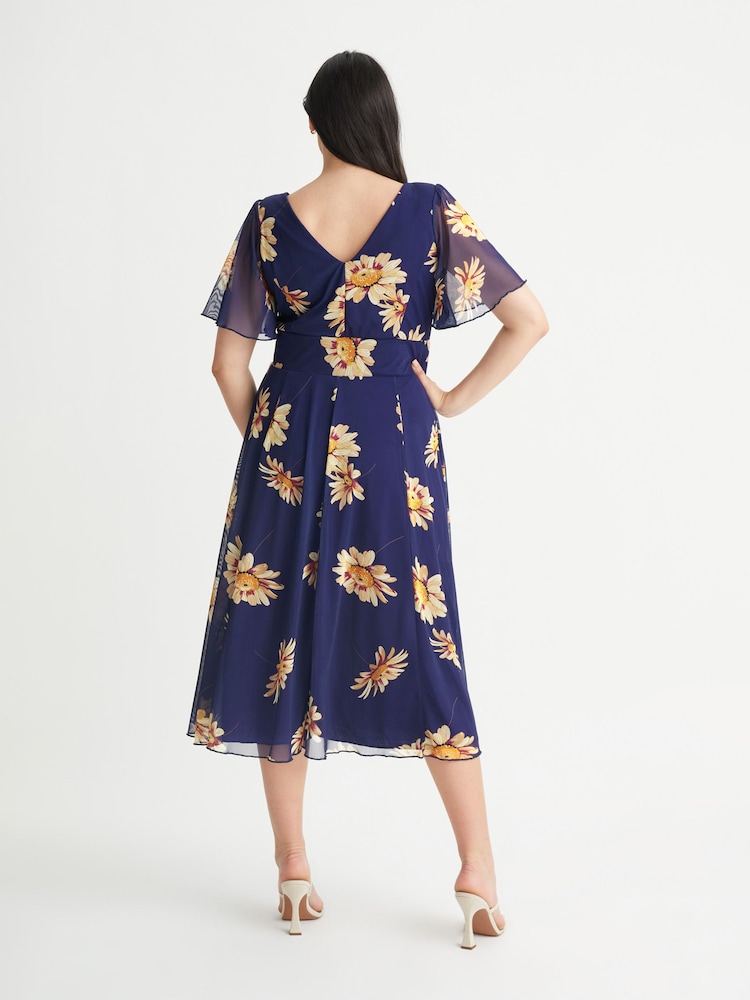 Scarlett & Jo Navy Blue Sunflower Victoria Angel Sleeve Mesh Midi Dress - Image 2 of 4
