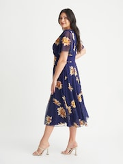 Scarlett & Jo Navy Blue Sunflower Victoria Angel Sleeve Mesh Midi Dress - Image 3 of 4