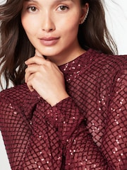 Berry Red Sequin Mesh Long Sleeve Top - Image 4 of 5