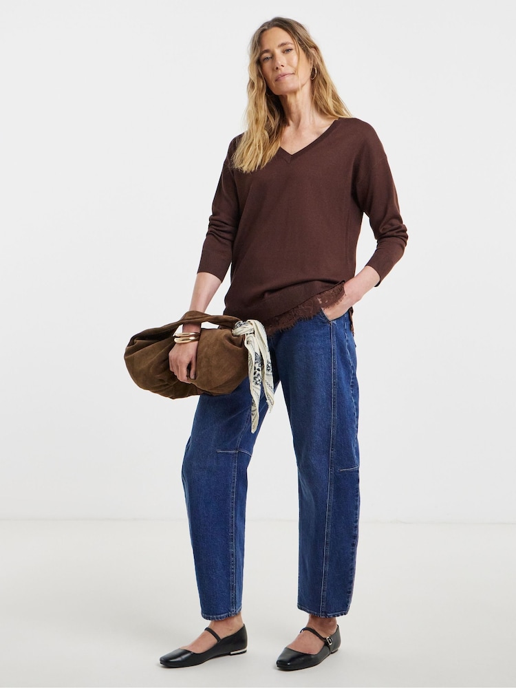 JD Williams Brown Lace Hem V-Neck Jumper - Image 1 of 4 JD Williams Brown Lace Hem V-Neck Jumper - Image 1 of 4