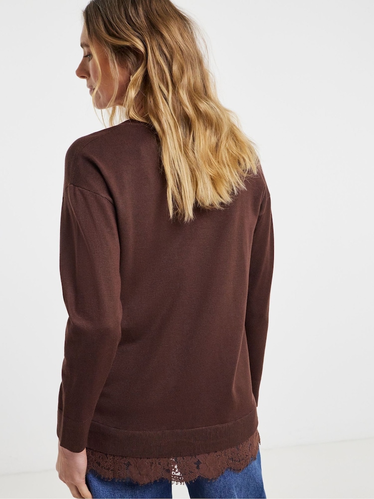 JD Williams Brown Lace Hem V-Neck Jumper - Image 2 of 4 JD Williams Brown Lace Hem V-Neck Jumper - Image 2 of 4