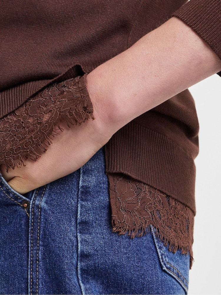 JD Williams Brown Lace Hem V-Neck Jumper - Image 4 of 4 JD Williams Brown Lace Hem V-Neck Jumper - Image 4 of 4