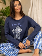 Pour Moi Blue Cotton Long Sleeve Wide Leg Trouser Pyjamas Set - Image 1 of 4
