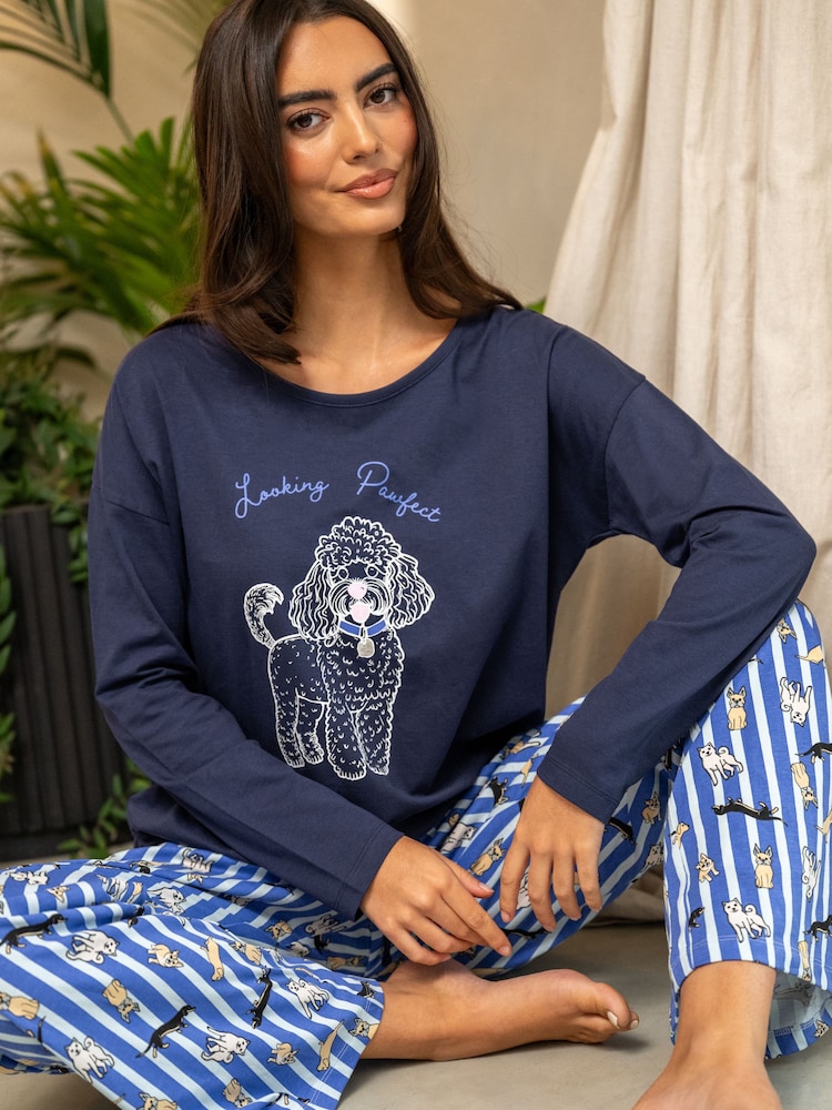 Pour Moi Blue Cotton Long Sleeve Wide Leg Trouser Pyjamas Set - Image 1 of 4 Pour Moi Blue Cotton Long Sleeve Wide Leg Trouser Pyjamas Set - Image 1 of 4