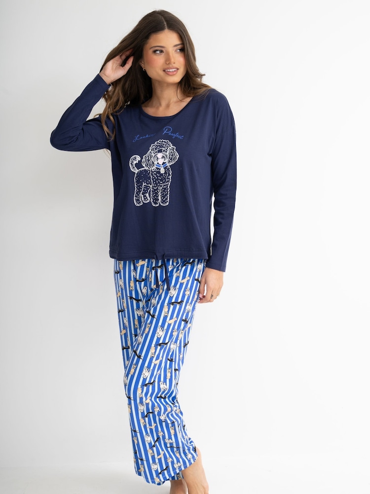Pour Moi Blue Cotton Long Sleeve Wide Leg Trouser Pyjamas Set - Image 2 of 4 Pour Moi Blue Cotton Long Sleeve Wide Leg Trouser Pyjamas Set - Image 2 of 4