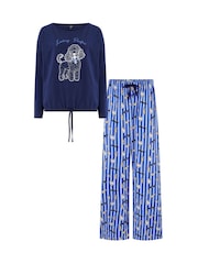 Pour Moi Blue Cotton Long Sleeve Wide Leg Trouser Pyjamas Set - Image 3 of 4