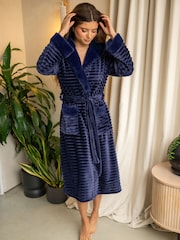 Pour Moi Blue Cosy Ribbed Fleece Midi Hooded Dressing Gown - Image 1 of 4