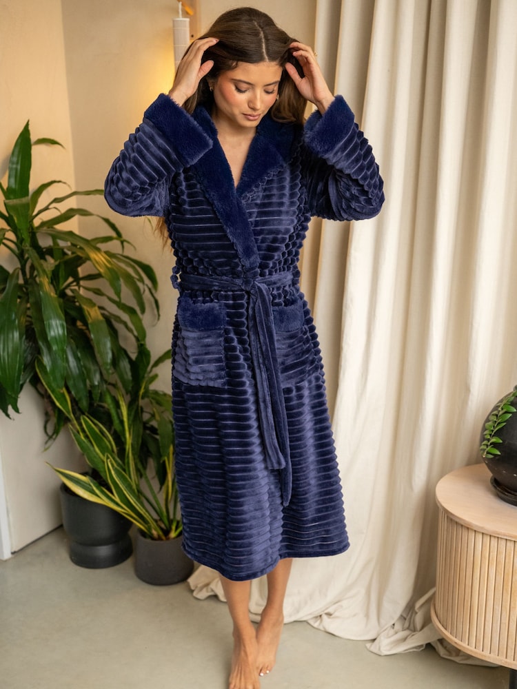 Pour Moi Blue Cosy Ribbed Fleece Midi Hooded Dressing Gown - Image 1 of 4 Pour Moi Blue Cosy Ribbed Fleece Midi Hooded Dressing Gown - Image 1 of 4