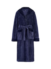 Pour Moi Blue Cosy Ribbed Fleece Midi Hooded Dressing Gown - Image 3 of 4