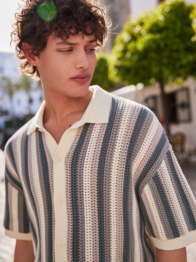Green/Ecru White Relaxed Crochet Button Through 100% Cotton Shirt - Image 2 of 6