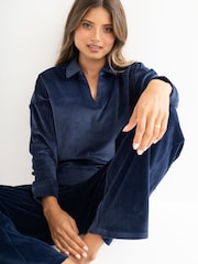 Pour Moi Blue Cosy Fleece Collared Sweatshirt Ribbed Wide Leg Pyjamas Set - Image 1 of 4