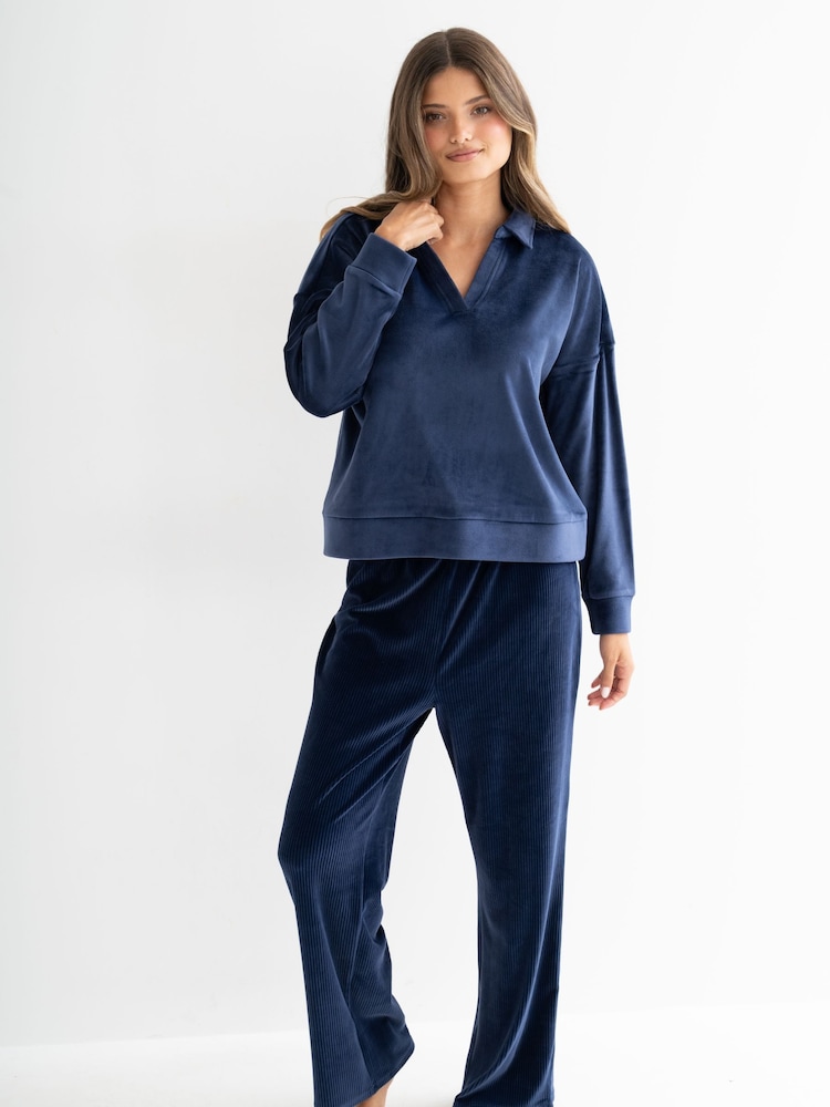 Pour Moi Blue Cosy Fleece Collared Sweatshirt Ribbed Wide Leg Pyjamas Set - Image 2 of 4 Pour Moi Blue Cosy Fleece Collared Sweatshirt Ribbed Wide Leg Pyjamas Set - Image 2 of 4