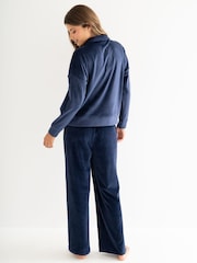 Pour Moi Blue Cosy Fleece Collared Sweatshirt Ribbed Wide Leg Pyjamas Set - Image 3 of 4