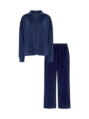 Pour Moi Blue Cosy Fleece Collared Sweatshirt Ribbed Wide Leg Pyjamas Set - Image 4 of 4