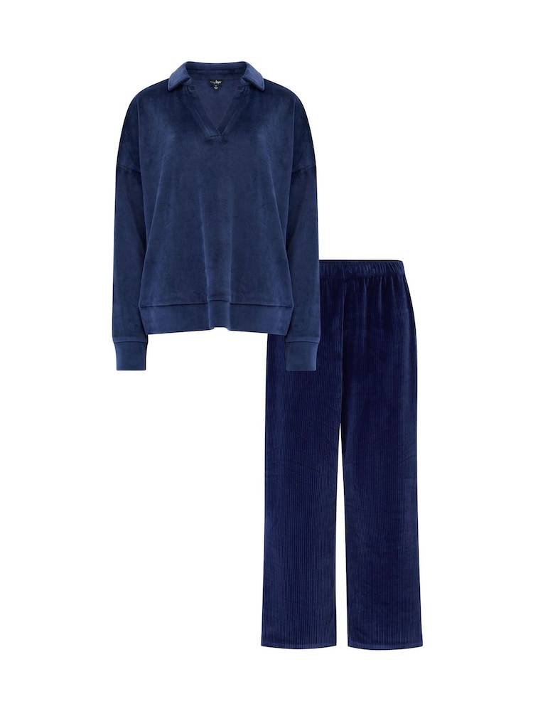 Pour Moi Blue Cosy Fleece Collared Sweatshirt Ribbed Wide Leg Pyjamas Set - Image 4 of 4 Pour Moi Blue Cosy Fleece Collared Sweatshirt Ribbed Wide Leg Pyjamas Set - Image 4 of 4