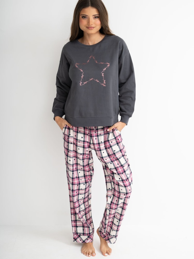 Pour Moi Grey Logo Sweatshirt Cosy Check Pyjamas Set - Image 2 of 4 Pour Moi Grey Logo Sweatshirt Cosy Check Pyjamas Set - Image 2 of 4