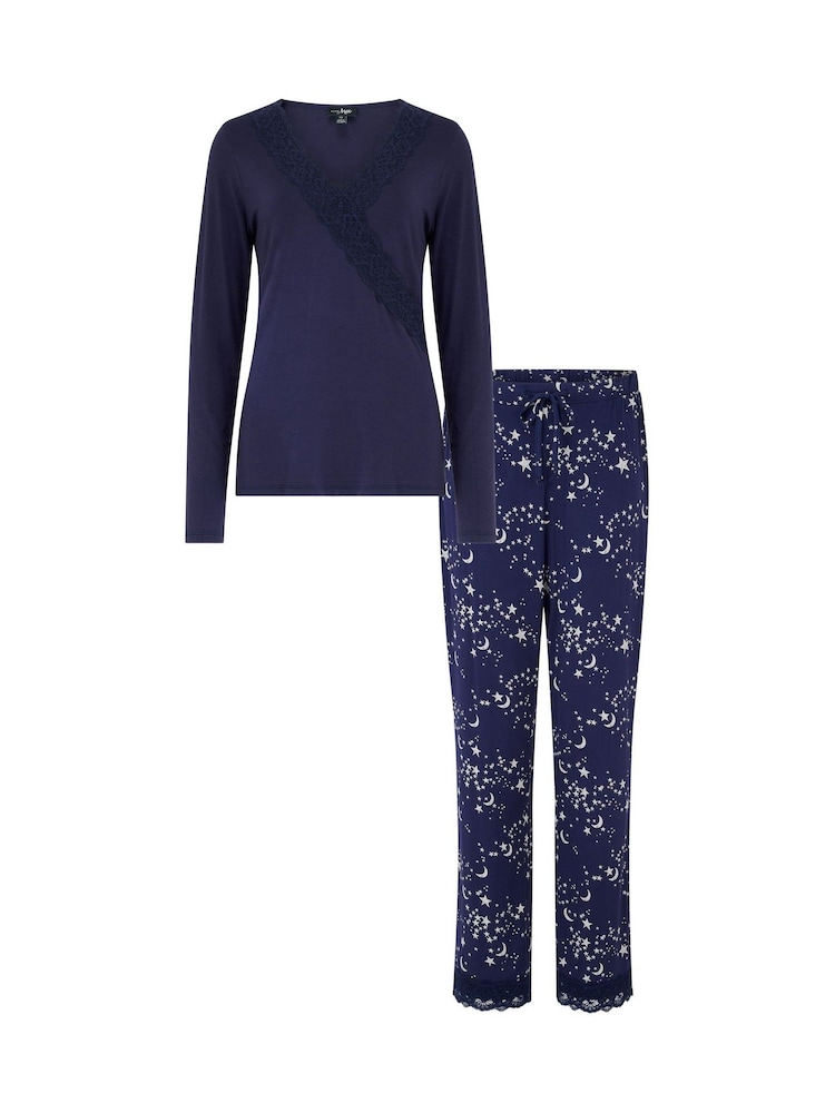 Pour Moi Blue Sofa Loves Lace Long Sleeve T-Shirt and Trouser Pyjamas Set - Image 4 of 4 Pour Moi Blue Sofa Loves Lace Long Sleeve T-Shirt and Trouser Pyjamas Set - Image 4 of 4