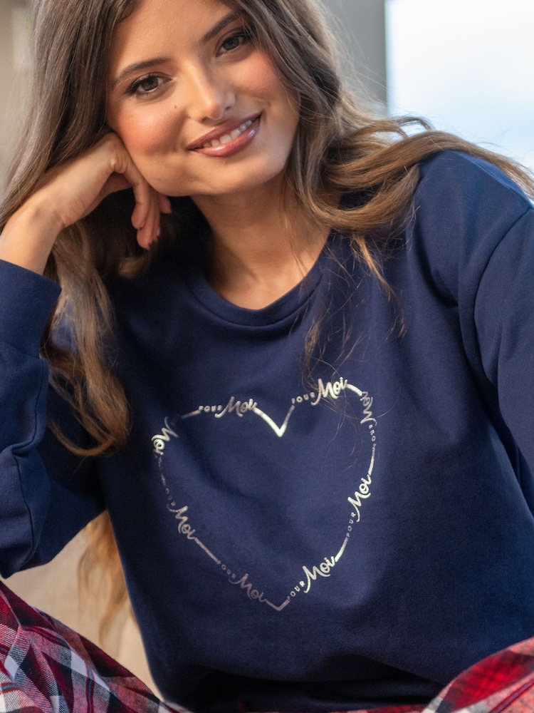 Pour Moi Blue Logo Sweatshirt  Cosy Check Pyjamas Set - Image 2 of 4