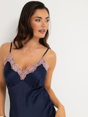 Pour Moi Navy Blue Dusk Satin and Lace Midi Chemise - Image 2 of 4
