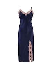 Pour Moi Navy Blue Dusk Satin and Lace Midi Chemise - Image 3 of 4