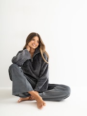 Pour Moi Grey Cosy Textured Zip Fleece Wide Leg Trouser Pyjamas Set - Image 1 of 4