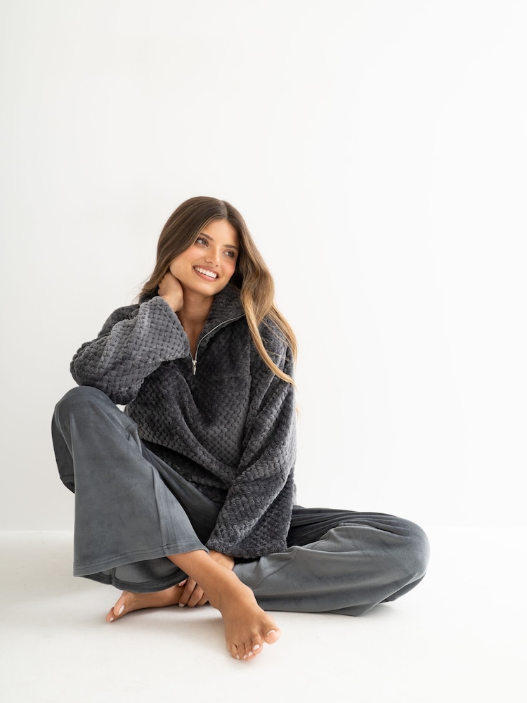 Pour Moi Grey Cosy Textured Zip Fleece Wide Leg Trouser Pyjamas Set - Image 1 of 4 Pour Moi Grey Cosy Textured Zip Fleece Wide Leg Trouser Pyjamas Set - Image 1 of 4