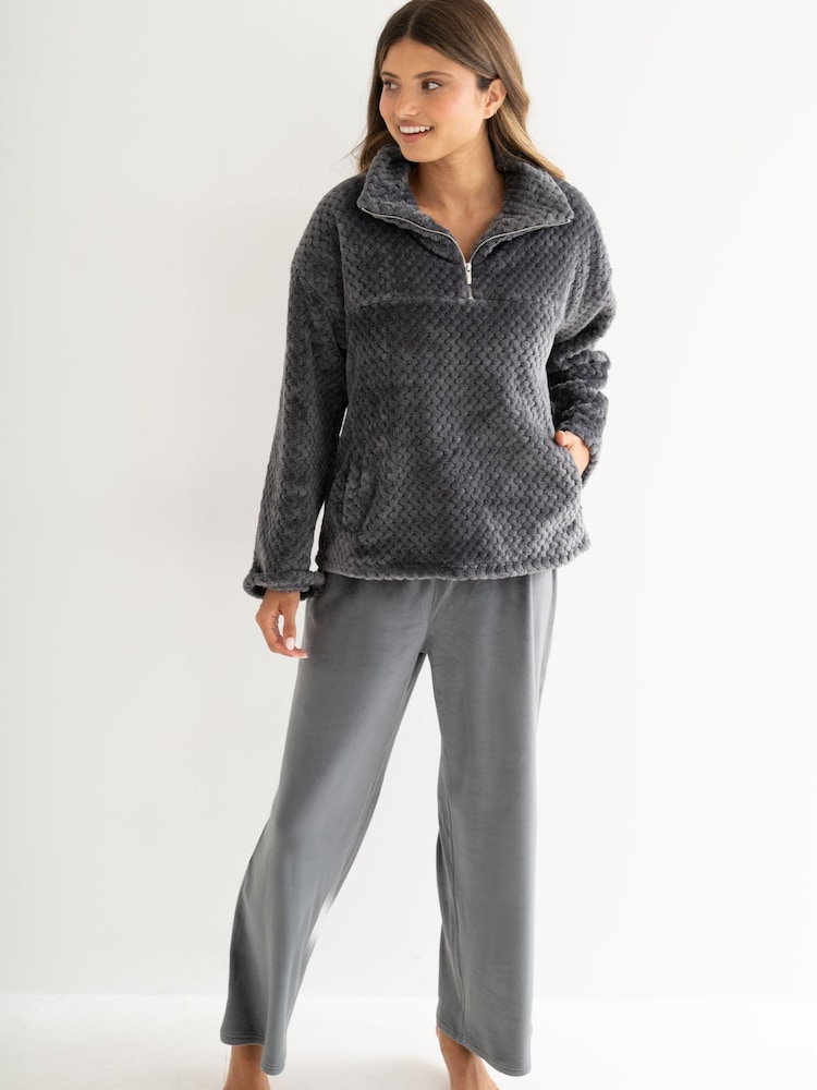 Pour Moi Grey Cosy Textured Zip Fleece Wide Leg Trouser Pyjamas Set - Image 2 of 4 Pour Moi Grey Cosy Textured Zip Fleece Wide Leg Trouser Pyjamas Set - Image 2 of 4
