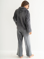 Pour Moi Grey Cosy Textured Zip Fleece Wide Leg Trouser Pyjamas Set - Image 3 of 4