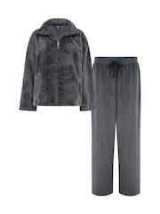 Pour Moi Grey Cosy Textured Zip Fleece Wide Leg Trouser Pyjamas Set - Image 4 of 4