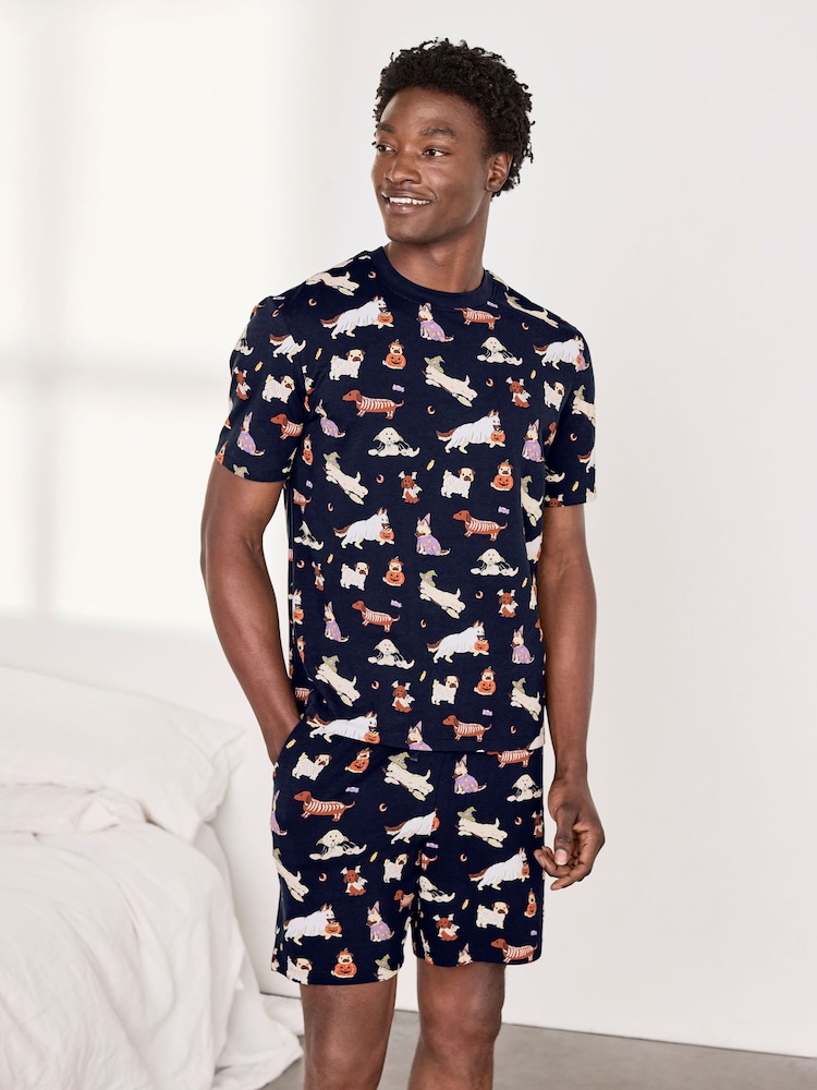 Chelsea Peers Blue Cotton Halloween Dogs Print Short Pyjamas Set - Image 1 of 6 Chelsea Peers Blue Cotton Halloween Dogs Print Short Pyjamas Set - Image 1 of 6