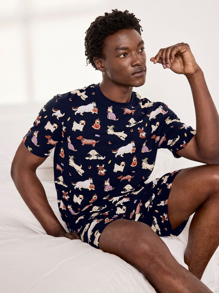 Chelsea Peers Blue Cotton Halloween Dogs Print Short Pyjamas Set - Image 2 of 6 Chelsea Peers Blue Cotton Halloween Dogs Print Short Pyjamas Set - Image 2 of 6