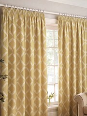 Riva Home Yellow Olivia Linen Look Lattice Print Pencil Pleat Curtains - Image 1 of 4