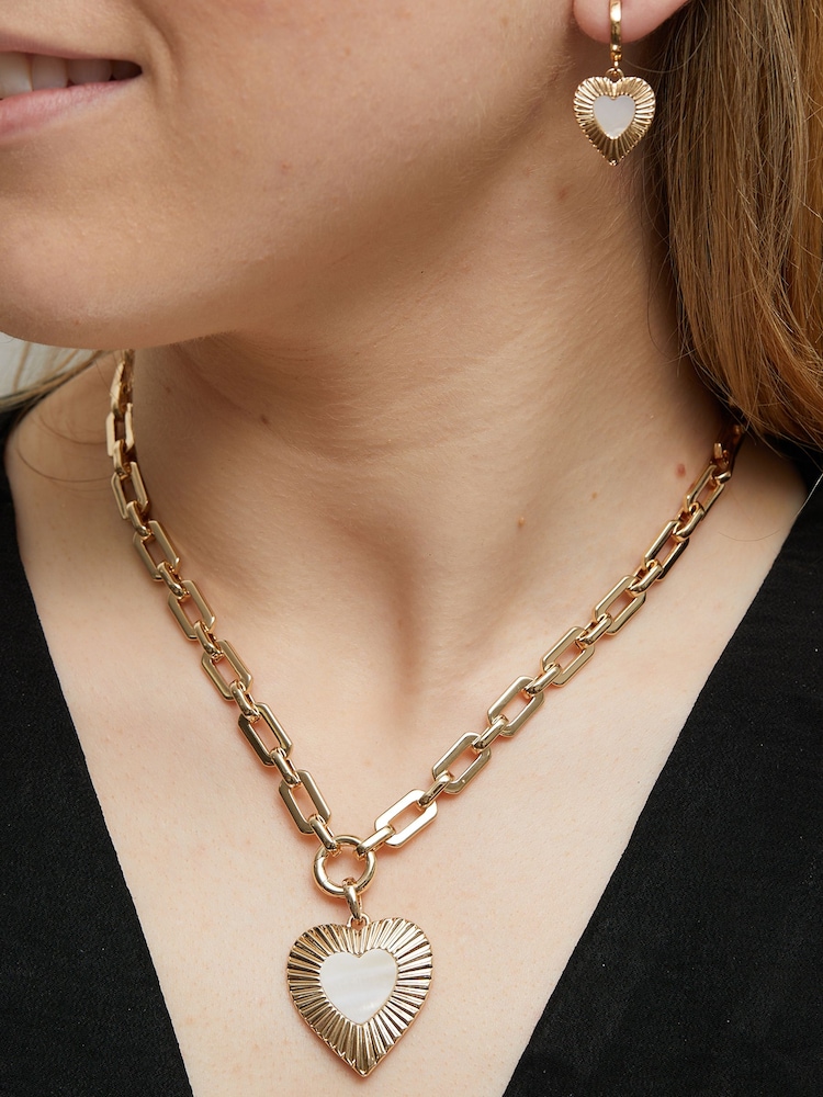 Mood Gold Tone Mother Of Pearl Textured Heart Short Pendant Necklace - Image 5 of 5