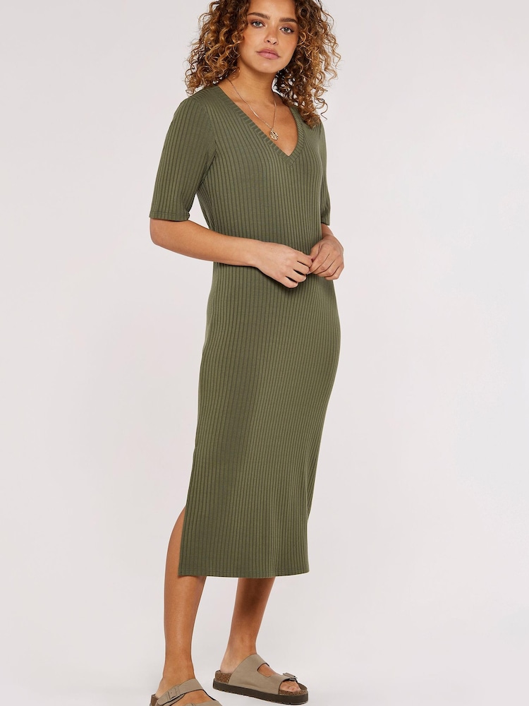 Apricot Green Ribbed Column V-Neck Dress - Image 1 of 4