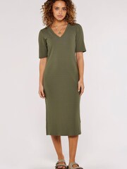 Apricot Green Ribbed Column V-Neck Dress - Image 4 of 4
