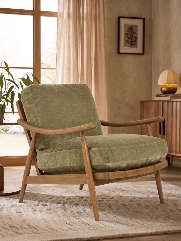Relaxed Chenille Light Fern Green Hampton Wooden Accent Chair - Image 1 of 7 Relaxed Chenille Light Fern Green Hampton Wooden Accent Chair - Image 1 of 7