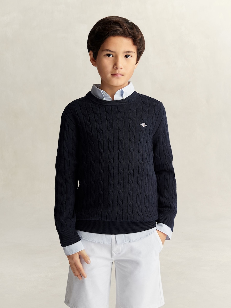 GANT Blue Shield Cotton Cable Neck Sweater - Image 1 of 4 GANT Blue Shield Cotton Cable Neck Sweater - Image 1 of 4