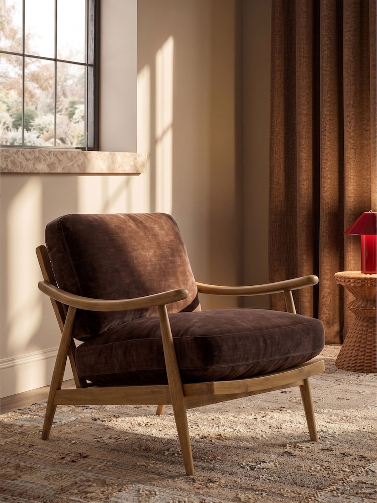Relaxed Chenille Chocolate Brown Hampton Wooden Accent Chair - Image 1 of 8 Relaxed Chenille Chocolate Brown Hampton Wooden Accent Chair - Image 1 of 8