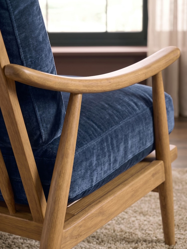 Relaxed Chenille Navy Blue Hampton Wooden Accent Chair - Image 2 of 8 Relaxed Chenille Navy Blue Hampton Wooden Accent Chair - Image 2 of 8
