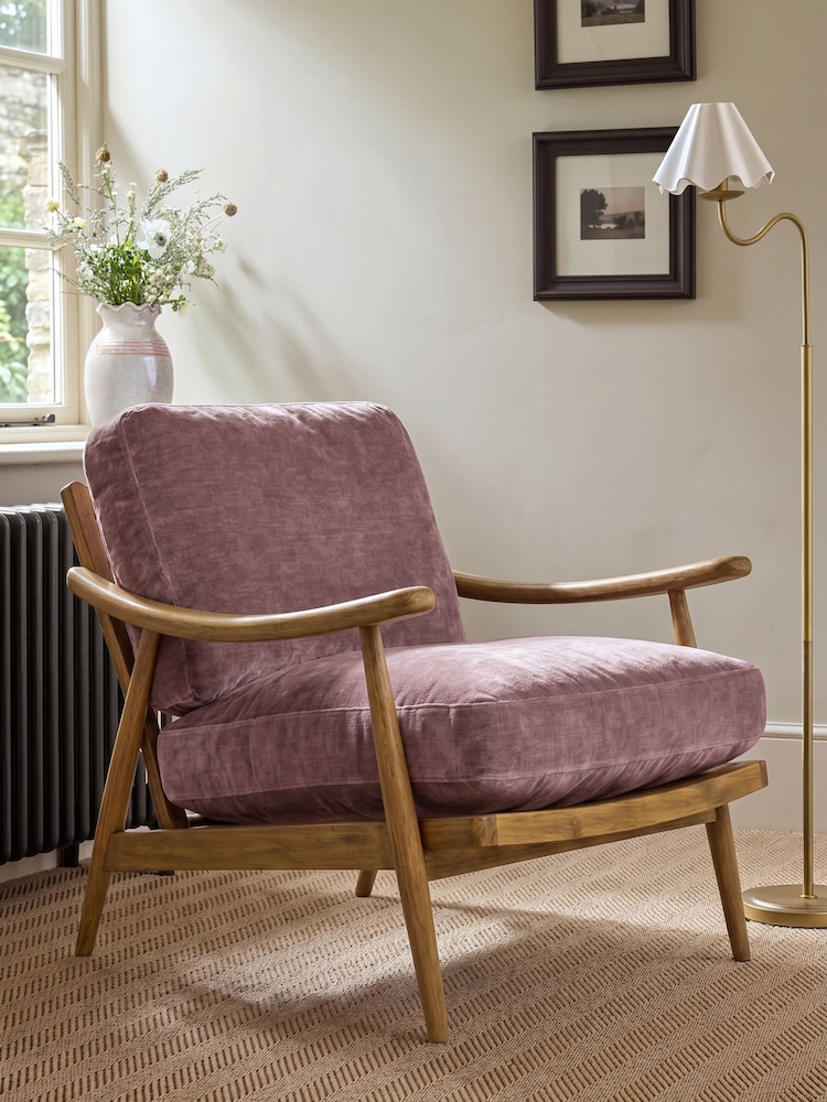 Relaxed Chenille Rose Pink Hampton Wooden Accent Chair - Image 1 of 8 Relaxed Chenille Rose Pink Hampton Wooden Accent Chair - Image 1 of 8