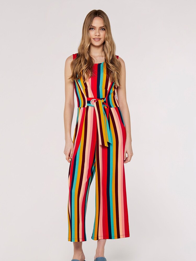Apricot Red Multi Stripe Tie Waist Jumpsuit - Image 1 of 4