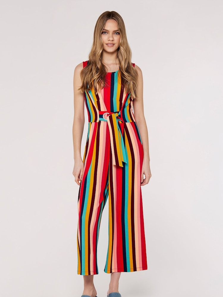 Apricot Red Multi Stripe Tie Waist Jumpsuit - Image 1 of 4 Apricot Red Multi Stripe Tie Waist Jumpsuit - Image 1 of 4